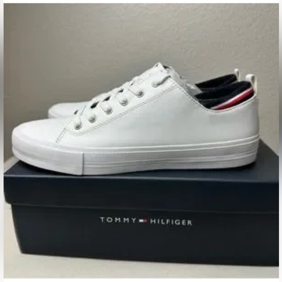 Tommy Hilfiger White Low-Top Sneakers with Navy and Red Trim - Picture 2 of 4